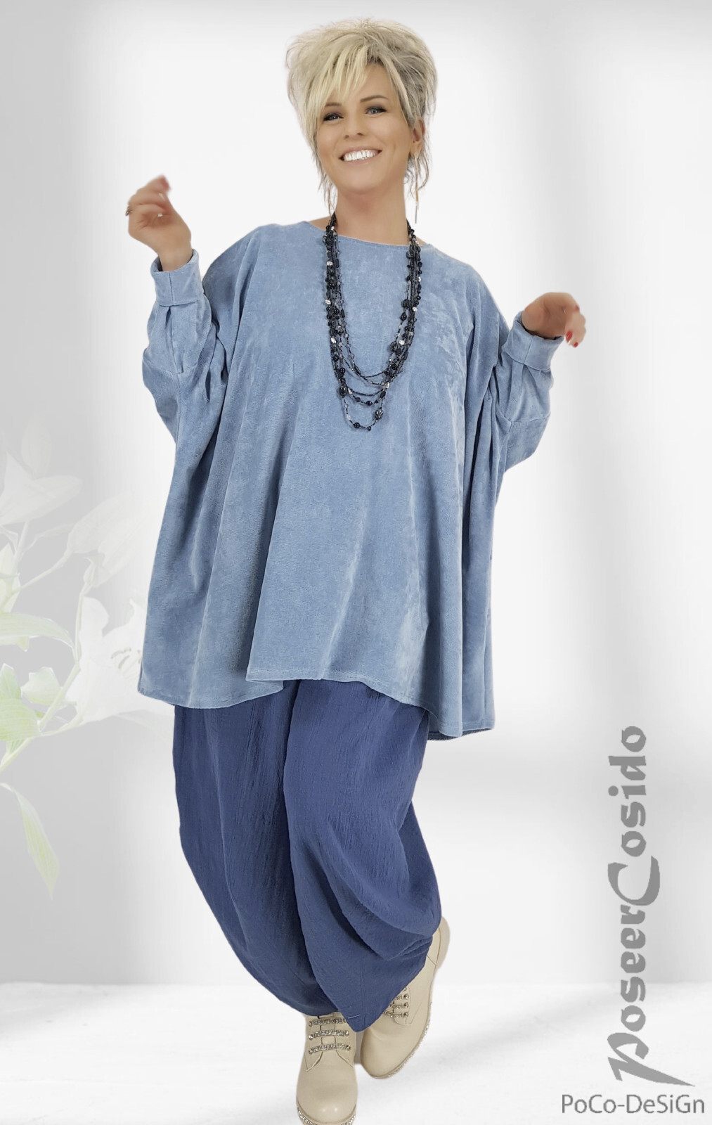 Tunika Lagenlook Con Collo Carmen OVERSIZE Grigia Nera A Righe 44 - Foto 4