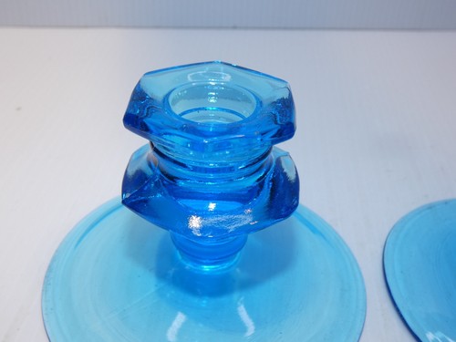 Vintage Blue Elegant Glass Pair Taper Candle Holders - Picture 3 of 5