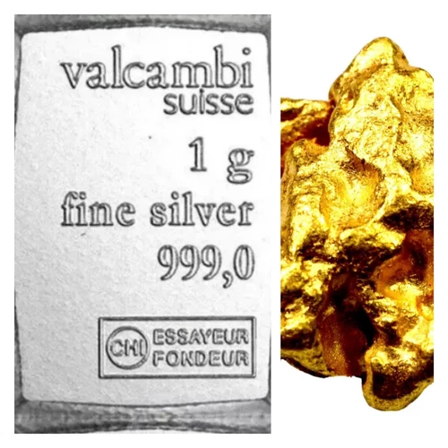 1 GRAM .999 SILVER VALCAMBI COMBIBAR BU + .060+ GRAM ALASKAN YUKON GOLD NUGGET