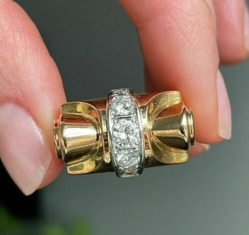 2 kt Rundschliff Moissanit Herren Tank Form Bandring 14 kt Gelbgold plattiert Splitter