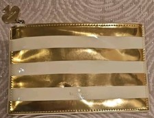 Kate Spade Pencil Cosmetic Bag Case Medium Zip Pouch Gold Cream Stripes 8.5x5.5"
