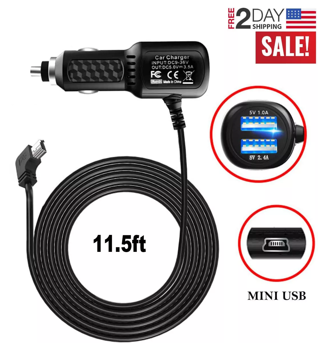 Charging Power Cable for Dash Cam, 11.5 ft USB 2.0 to Mini USB Car Vehicle Power