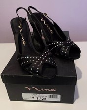 Nina Canta Black Satin High Heel Open Toe Sandals Rhinestone Sling Back 7.5M