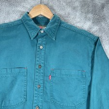 Vintage Levis Work Shirt Men S Teal Green Canvas Long Sleeve Pockets Red Tab 90s