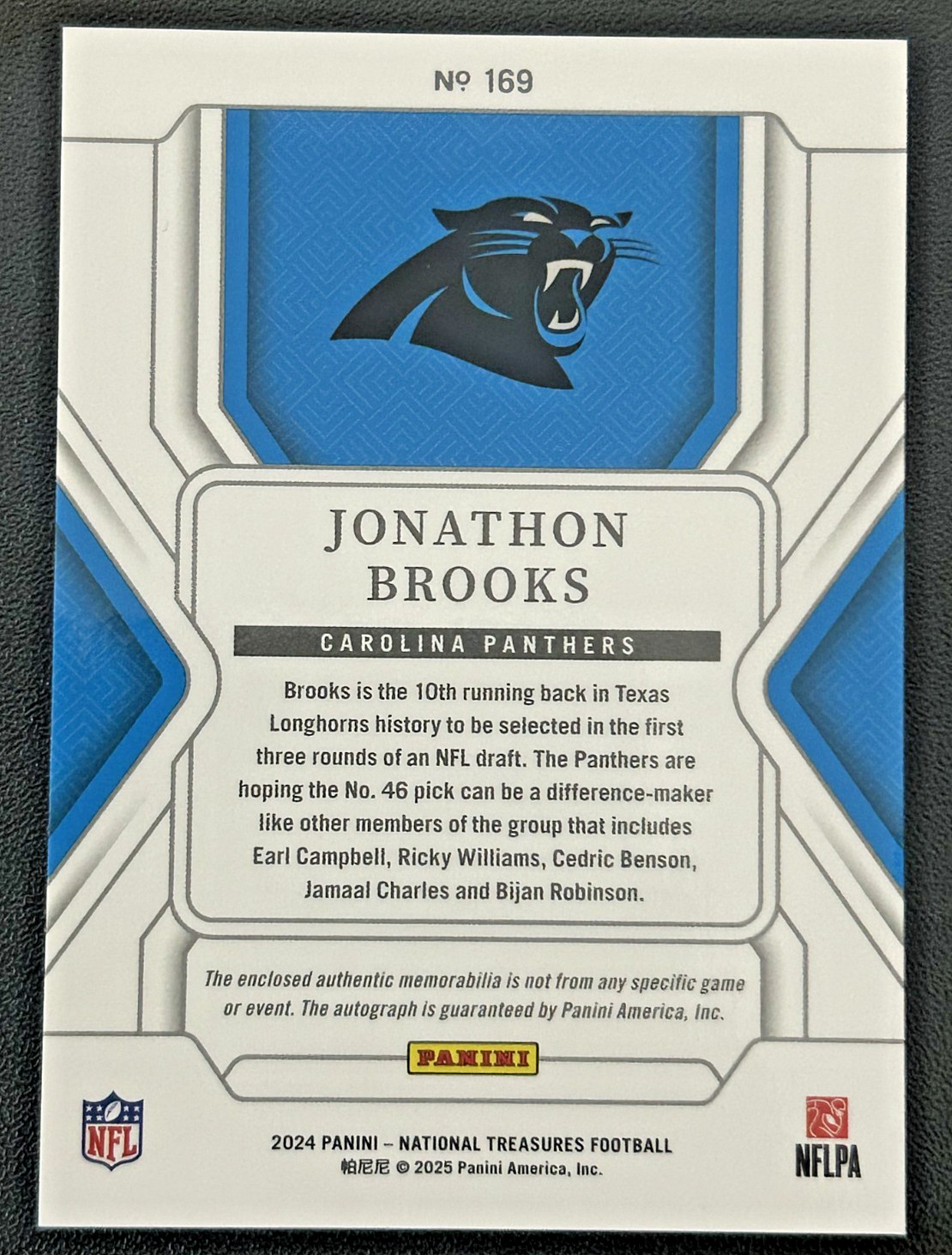 Panini National Treasures Jonathon Brooks Panthers CRPA-JBS RPA Auto Patch /49 view 2