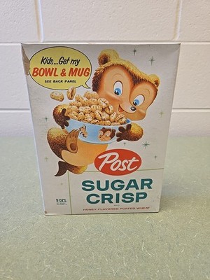 1959 Post Sugar Crisp Cereal Box Full, Bowl & Mug