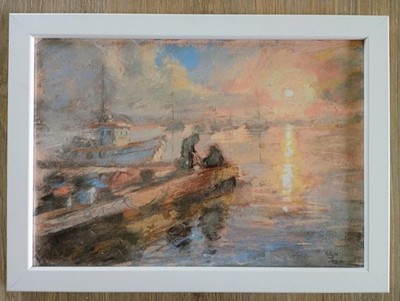Sonnenuntergang Kai gerahmt Original Impressionist Öl Pastell Gemälde von Adam Joseph