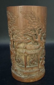 Antique Chinese Old Bamboo Intricately Carved Scenery Brush Pot 5.5” Tall