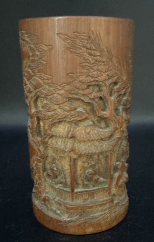 Antique Chinese Old Bamboo Intricately Carved Scenery Brush Pot 5.5” Tall