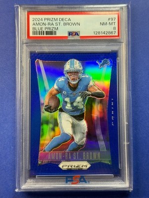 AMON-RA ST. BROWN 2024 Panini Prizm Deca 126/149 BLUE PSA 8 Detroit Lions #97