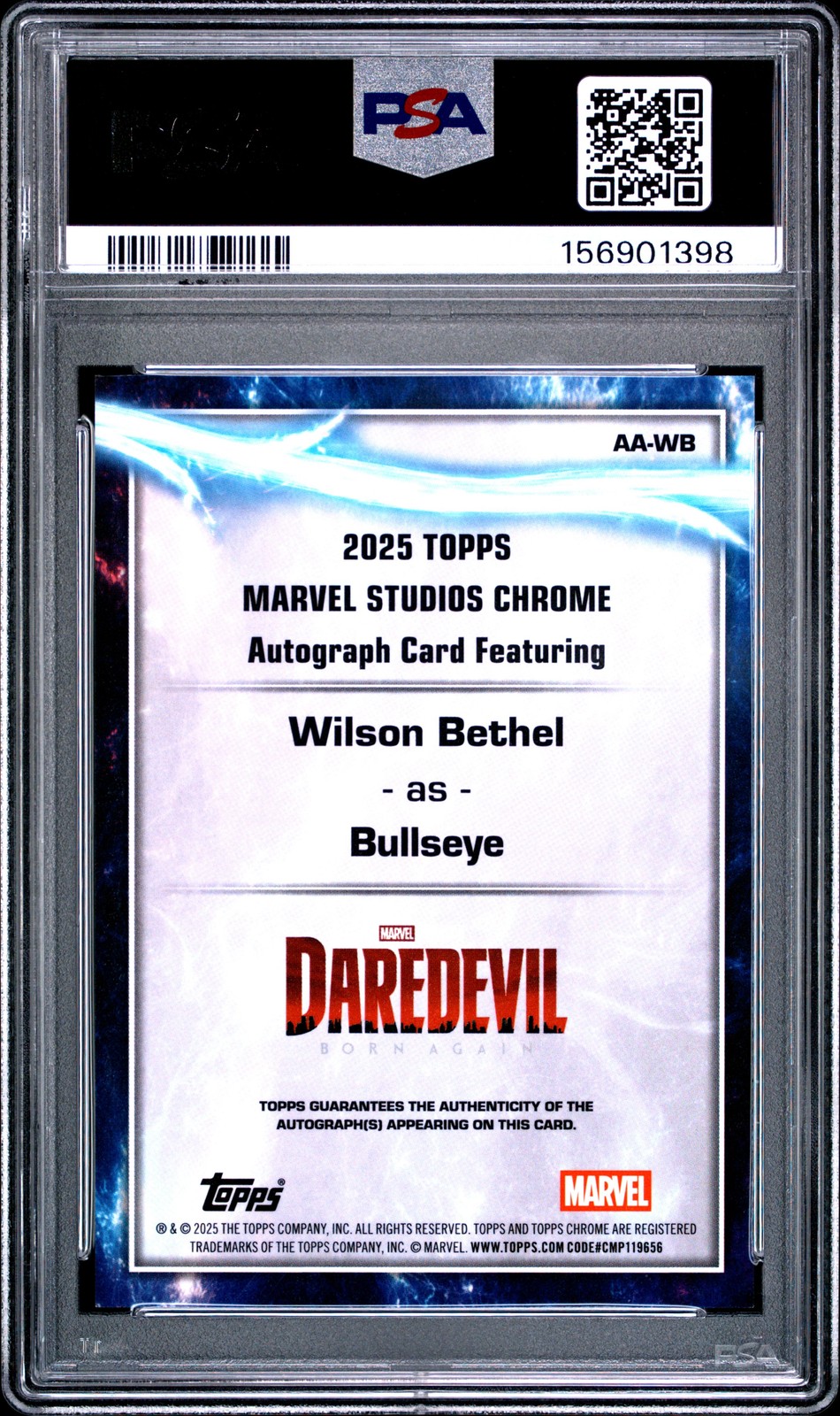 1398 Wilson Bethel as Bullseye 2025 Topps Chrome Marvel Studios Auto Debut PSA 9 view 2