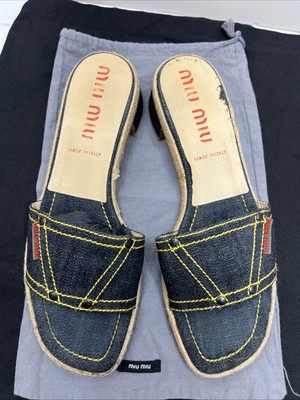 Miu Miu Sandals Slides 40 Denim Low Mule Contrast Stitching Rope Yellow Red Logo
