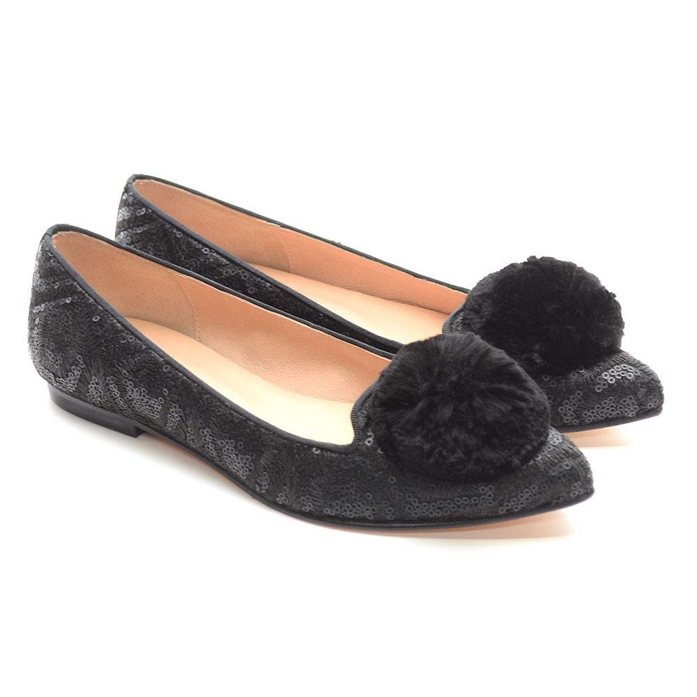 SAOLA Scarpe slip donna suola francese NY Cobb paillettes pom pom 6 M nere nuove con scatola