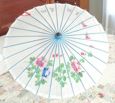 Japanese Parasol Wood - Silk Rice Paper Floral  Birds 31" Diameter 22.5" Long