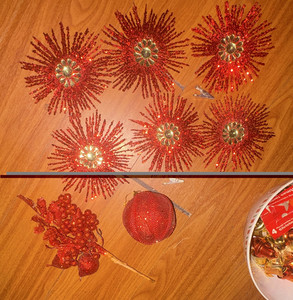 Red Glitter Plastic Christmas Hanging Ornaments, Starburst & Ball Baubles, 7pc