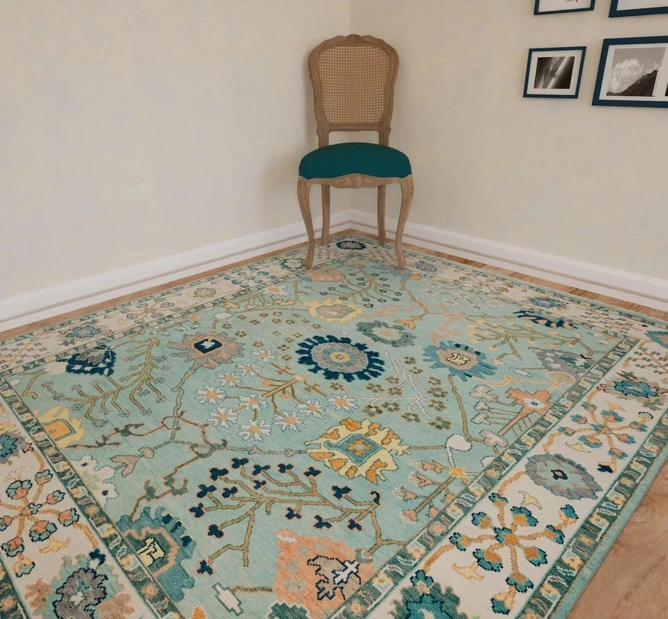 Aqua Blue Oushak Rug 8x10 Modern Area Rug Ivory Knotted 9x12 Colorful Woolen Rug - Image 2 of 4