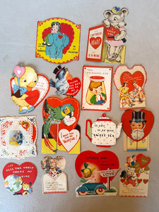 Antique Valentine card lot 14 children 1940s signed vintage Dog Chick Elephant