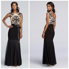 Betsy Adam Black Nude Mermaid Prom Dress Formal Maxi Gown Flocked Lace Wedding 8