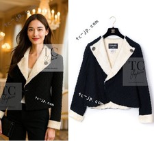 CHANEL 09A Black Ivory Wool Lamb Fur Lining Jacket Karl Lagerfeld 36 38
