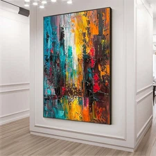 Modern Hand Painted Oil Painting On Canvas Abstract City 3D Colorful Blue