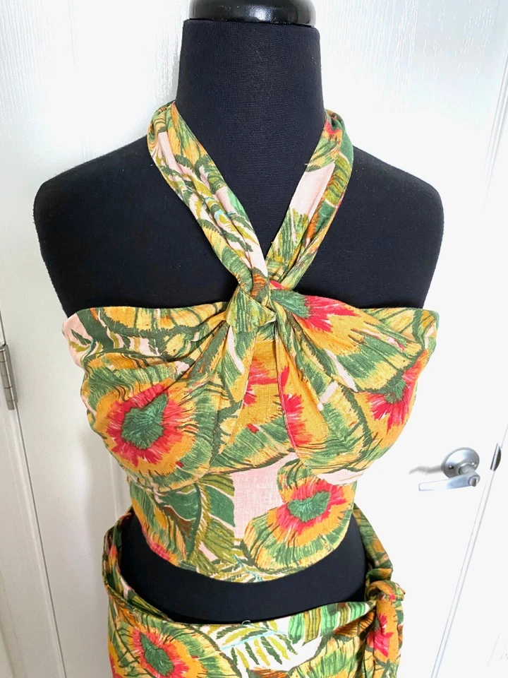 CYNTHIA ROWLEY Tropical Print 2pc Smocked Bralette Crop Top + Wrap Tie Skirt M - Image 2 of 4