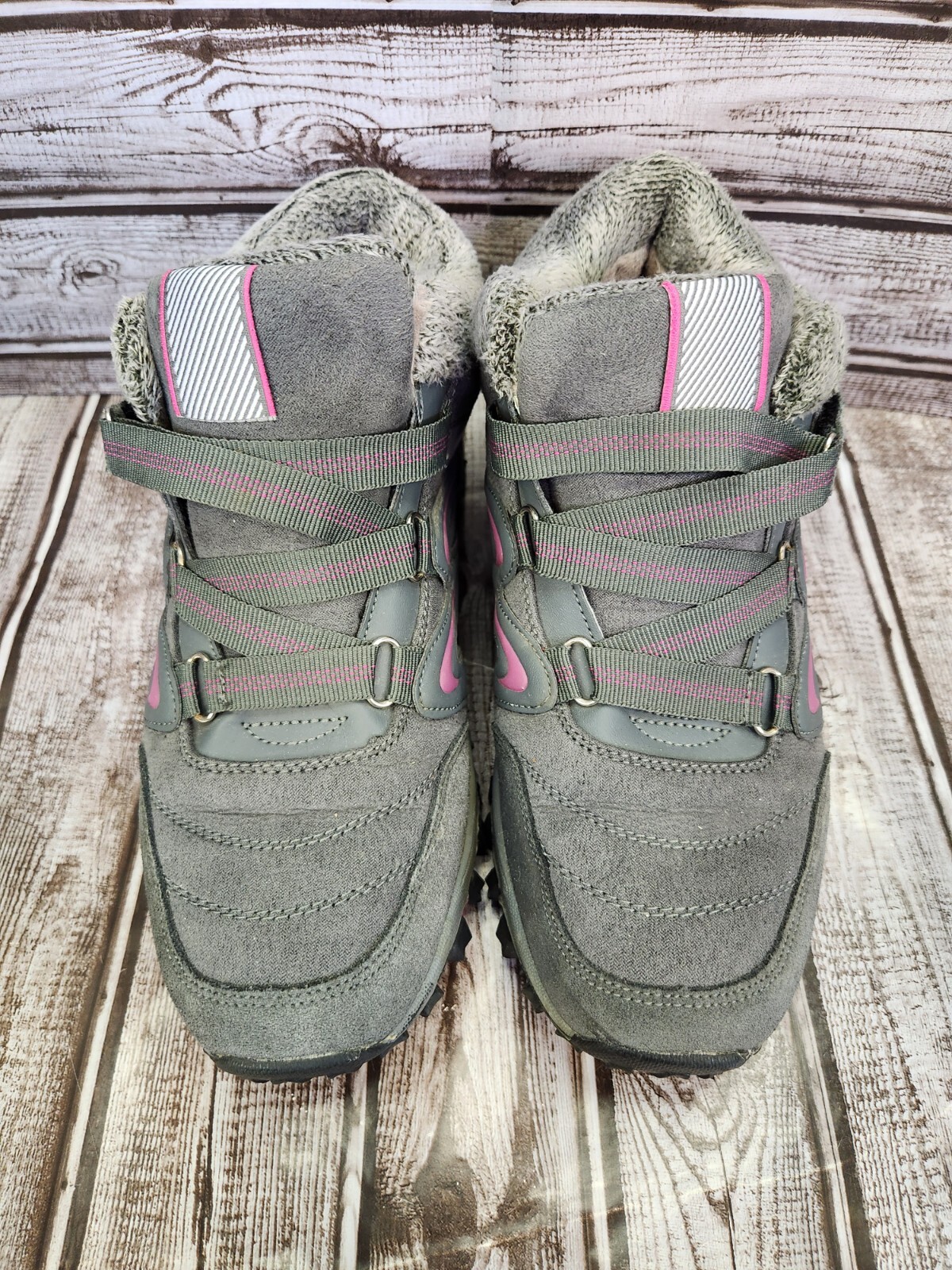 Women's Winter Hiking Shoes Size 42 Faux Fur Lined Hook Loop Gray Pink Traction-image