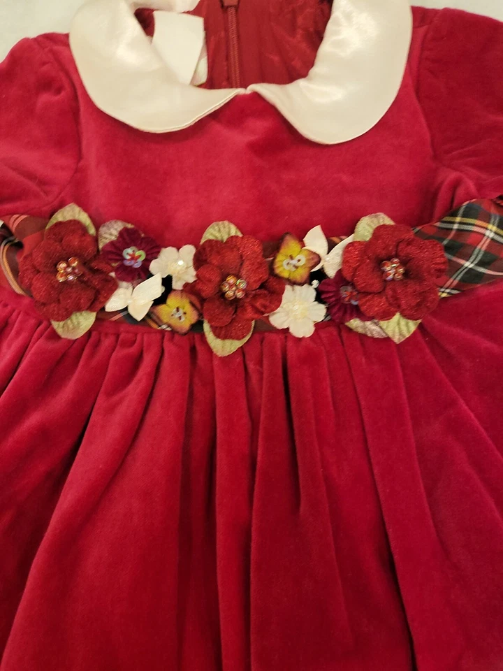 Plum Pudding RED Velvet Portrait Holiday Dress 12 MO Boutique PLAID DETAIL FLOWE - Image 3 of 4