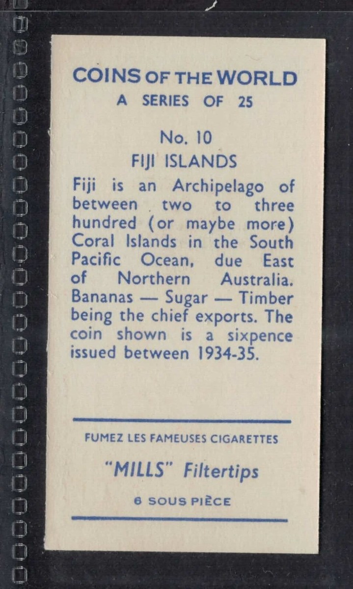 FIJI ISLANDS Coin - 60 + year old UK Tobacco Card # 10