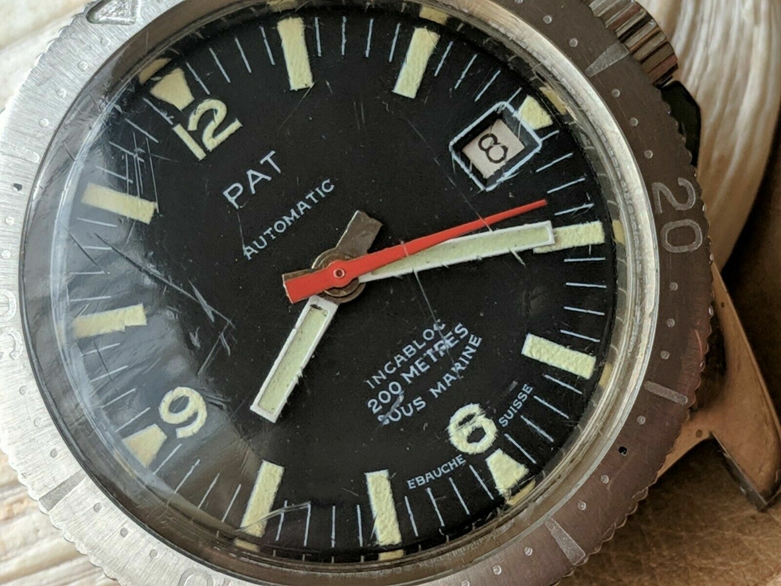 Vintage 1970's PAT Sous Marine 20 ATM Diver w/Pristine Dial,Patina,All SS Case