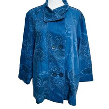 Coldwater Creek Blue Linen Blend Jacket Womens Sz 1X Floral Double Breasted