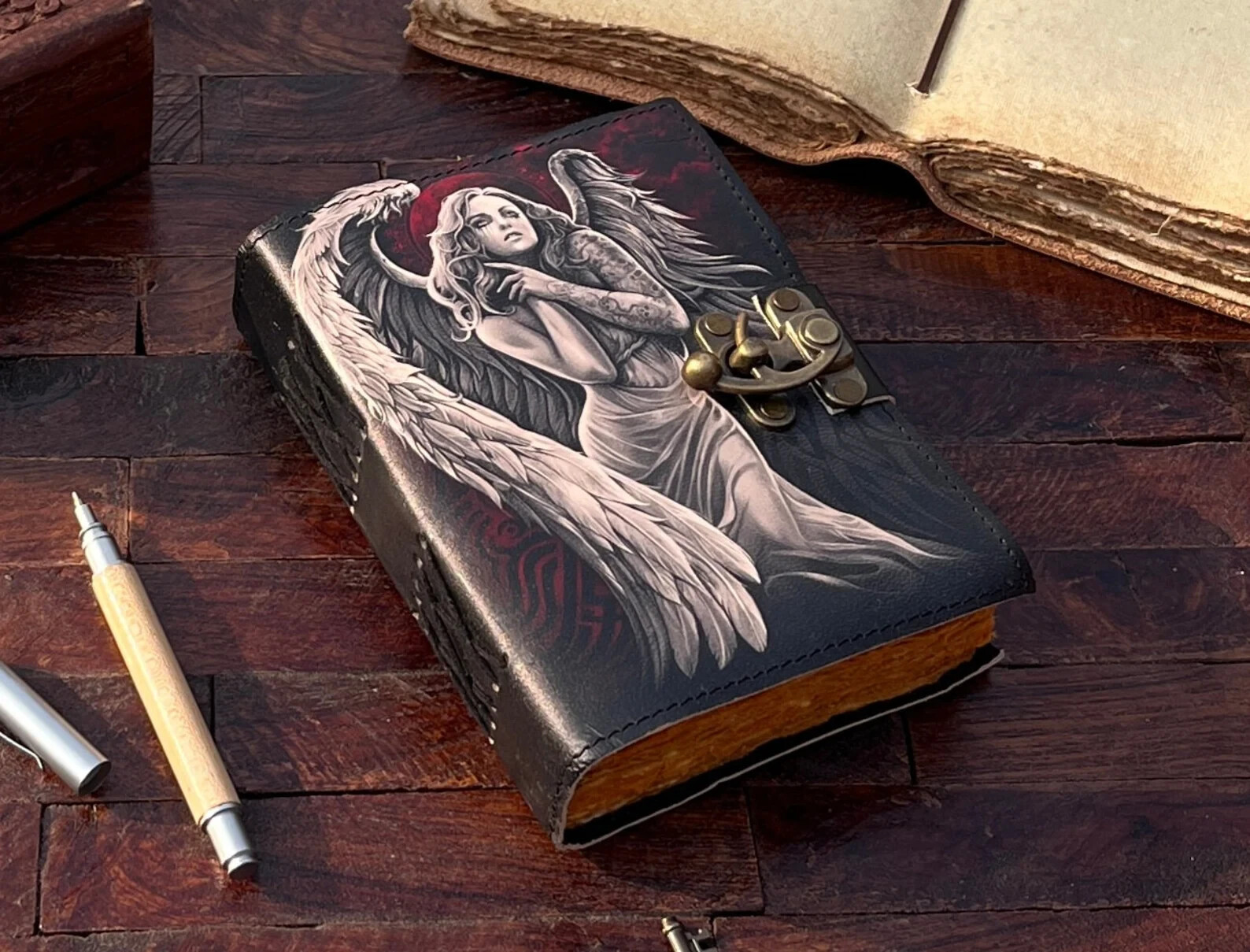 Handmade Angel Leather Notebook - Grimoire Journal for Writing