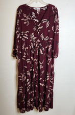 Sonoma Womens Dress Size MED Maroon Floral Leaf V-Neck Button Front Pockets