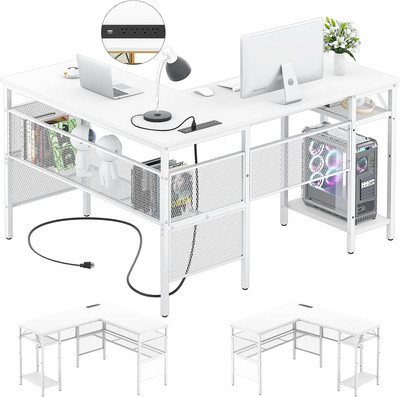 Magic Portable 4 Outlets L Shaped Desk, Reversible 55 Inch L-Shaped Computer Des