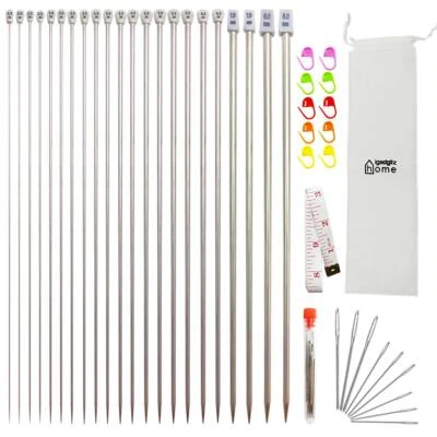 IGADGITZ HOME 22 x 35cm 2-8mm Stainless Steel Knitting Needles Set Metal 44pc Starter Knit Kit