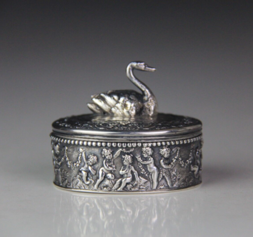 Boîte à bijoux/bague en argent continental avec couverture cygne figurative - Allemagne - Photo 1/19