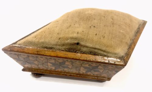Antique Tunbridge Ware Pin cushion Large Diamond Shaped Sewing Pins Needles - Picture 6 of 6