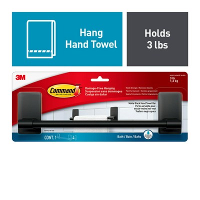 Command Bath Towel Bar Matte Black, Holds 3 lbs, Bathroom Organization 
