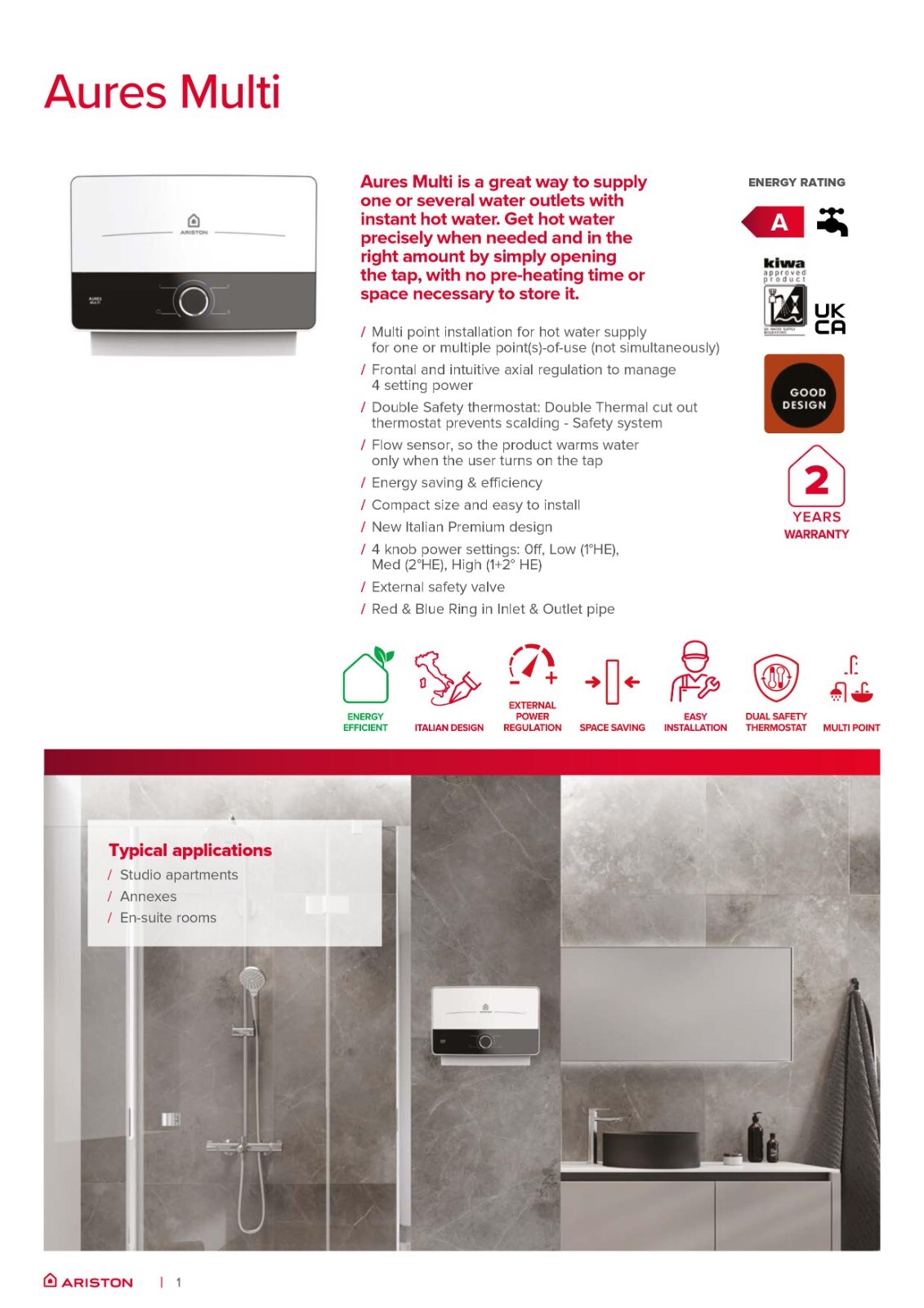 Ariston Aures Multi Electric Instantaneous Water Heater 9.5kw 3195216