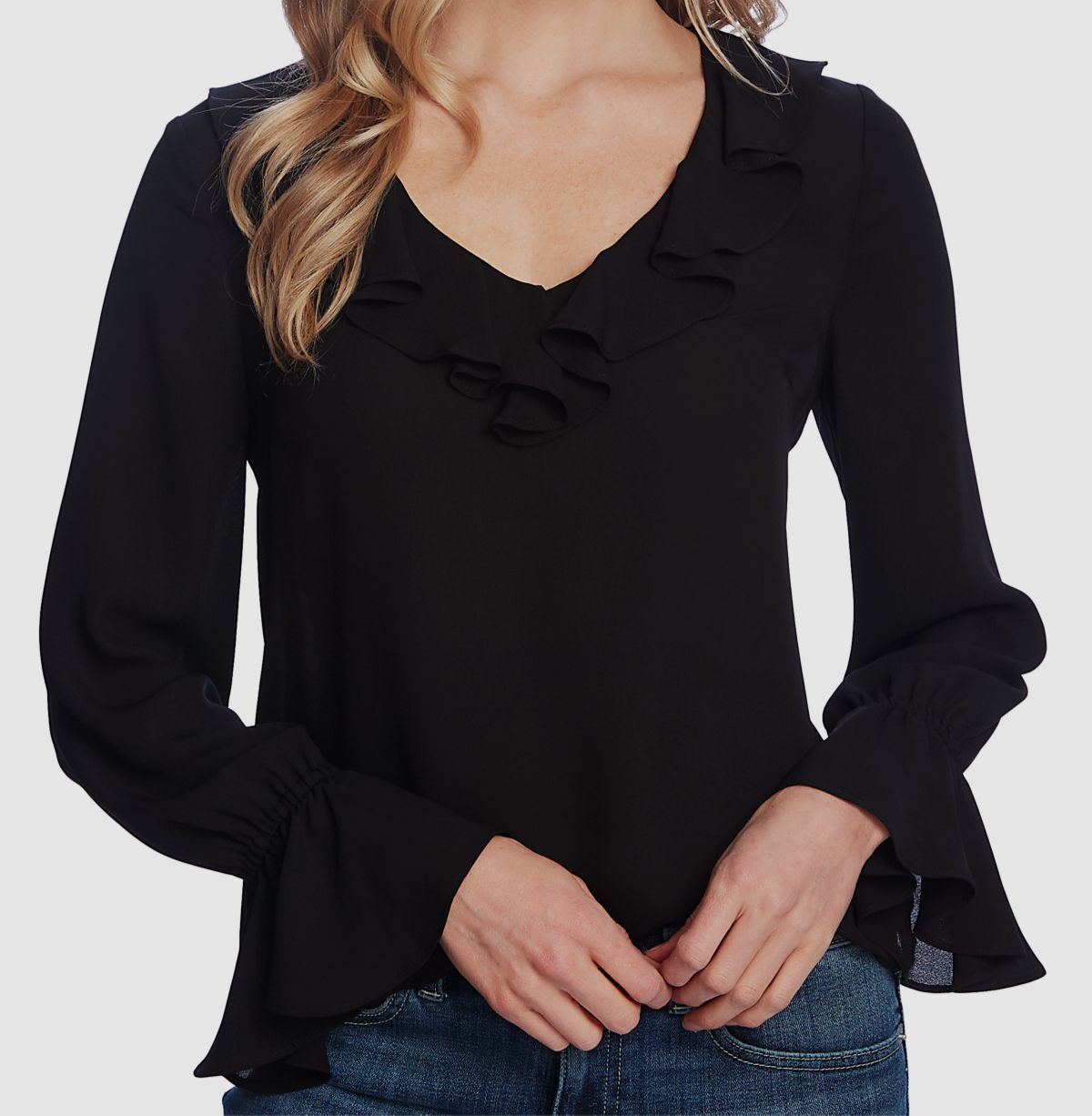 $69 CeCe Women's Black Ruffle Detail V-Neck Long Sleeve Blouse Top Size XS
