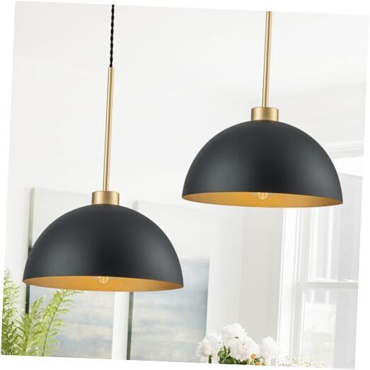 Farmhouse Pendant Lights Kitchen Island, 2 Pack Black and Gold Dome Pendant
