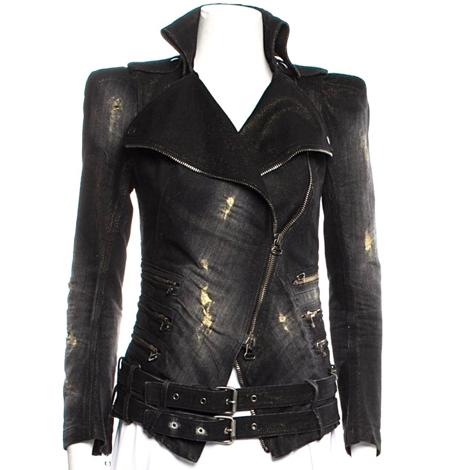 Balmain — Balmain Black Distressed Denim Biker Jacket S US 4 FR36 Belted Waist