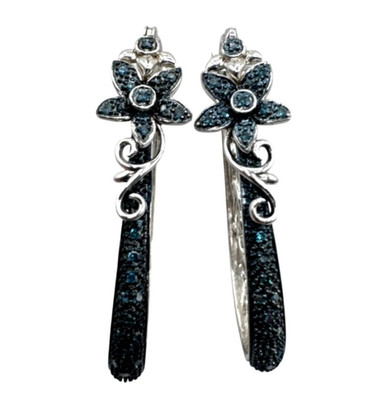  QVC Affinity Natural Blue Diamond Flower Hoop Earrings 925 Sterling Silver EA 