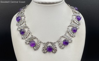 925 Silver Vintage AE Mexico Links Necklace W/Amethyst