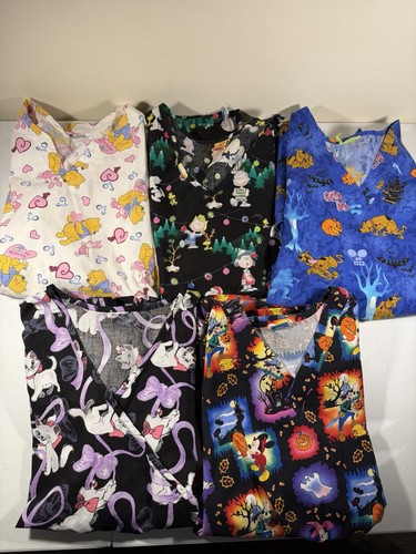 Lot of 5 XL Scrub Tops Mickey Mouse, Charlie Brown, Pooh, Aristocats, Scooby