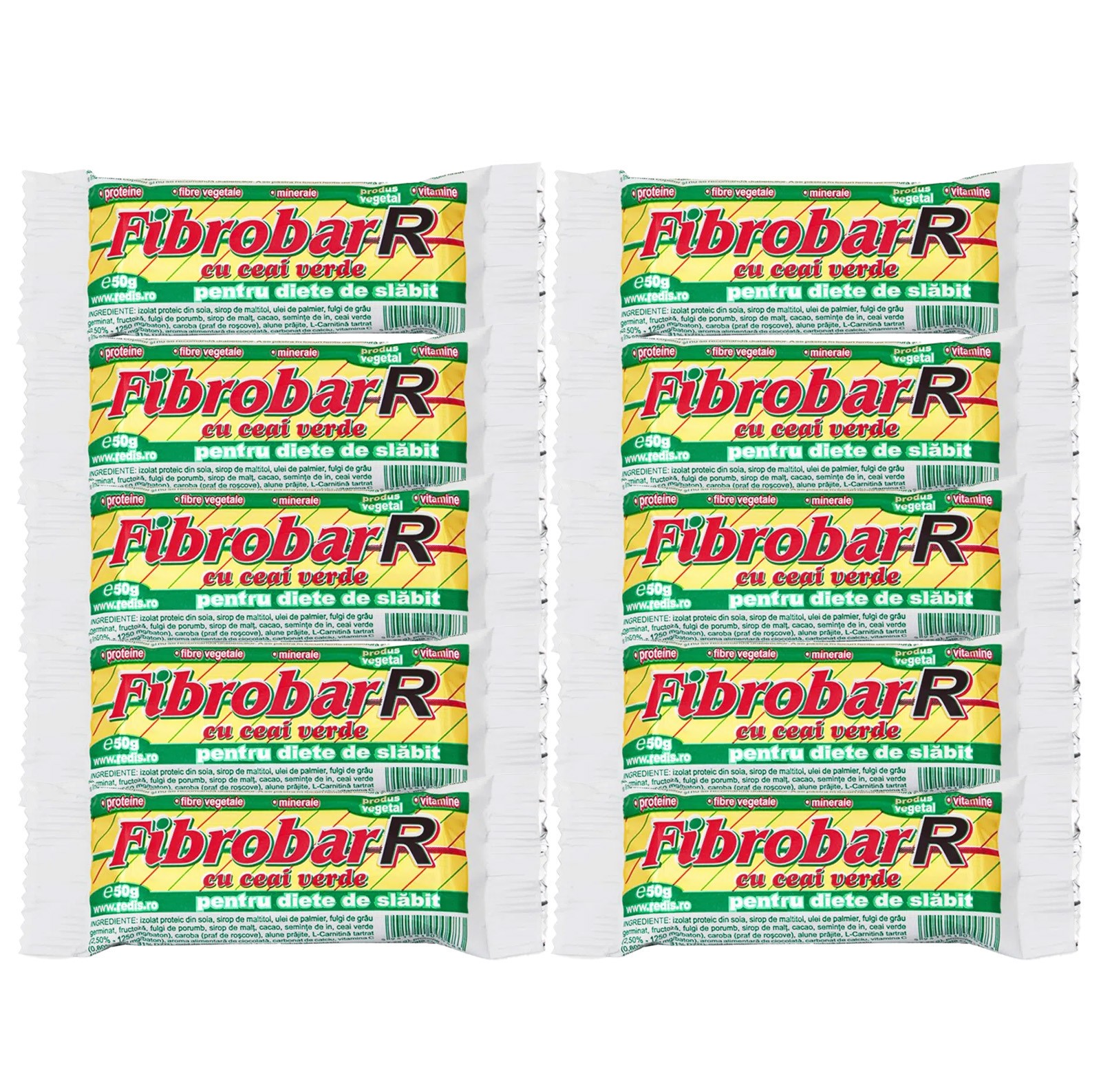 Fibrobar-R Protein Bars Green Tea High-Fiber Meal Replacement Diet Snack 10-Pack