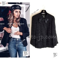 $7.4K CHANEL 07S Black Collarless Sequin Bow Tweed Jacket Karl Lagerfeld 34 36