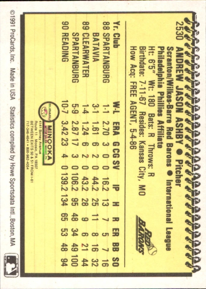Andy Ashby 1991 ProCards #2530 RC Scranton/Wilkes-Barre Red Barons ** - Image 2 of 2