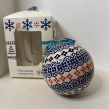 Polish Pottery Boleslawiec Christmas 4&rdquo; Inch Ball Ornament  Blue Red White W/Box