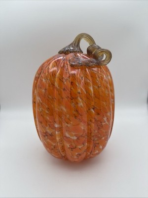 11  Blown Art Glass Pumpkin Applied Stem Autumn Fall Thanksgiving Decor Large XL