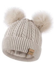 Beanies Women with Double Pom Pom, Winter Hats for One Size, Oatmeal